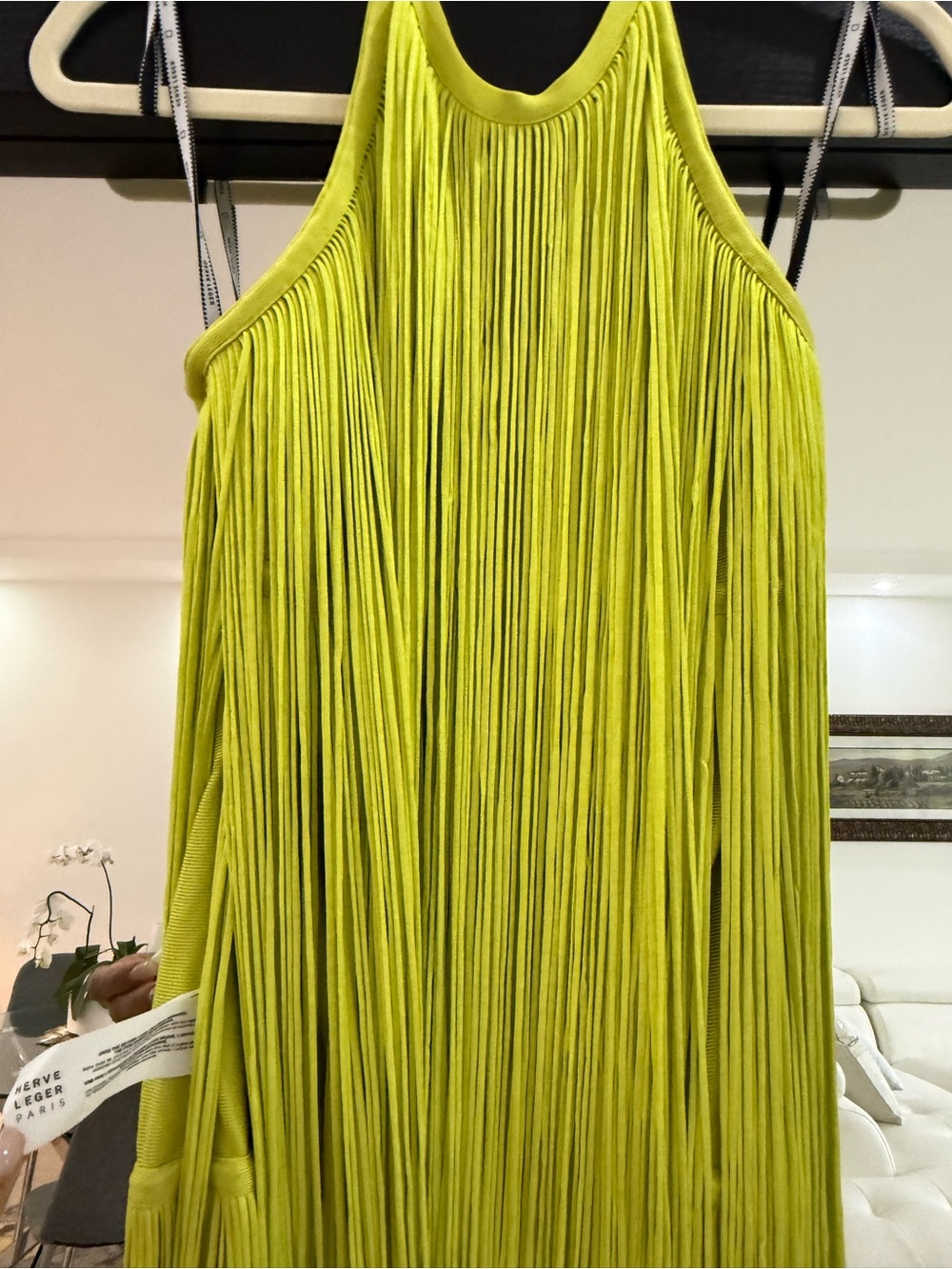 New Herve Leger Neon Lime Fringe Halter Midi Dress - Picture 8 of 12